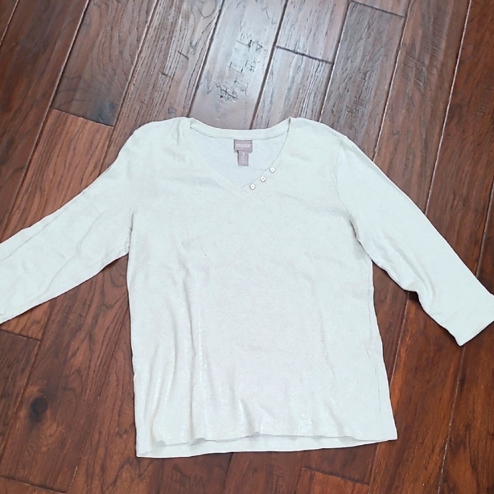 Chico's Oatmeal colored V-Neck Top with Button Detail size 2 (Large)
